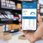 Retailer using Udhaar Book Sale POS on smartphone to track daily sales.