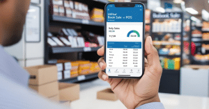 Retailer using Udhaar Book Sale POS on smartphone to track daily sales.