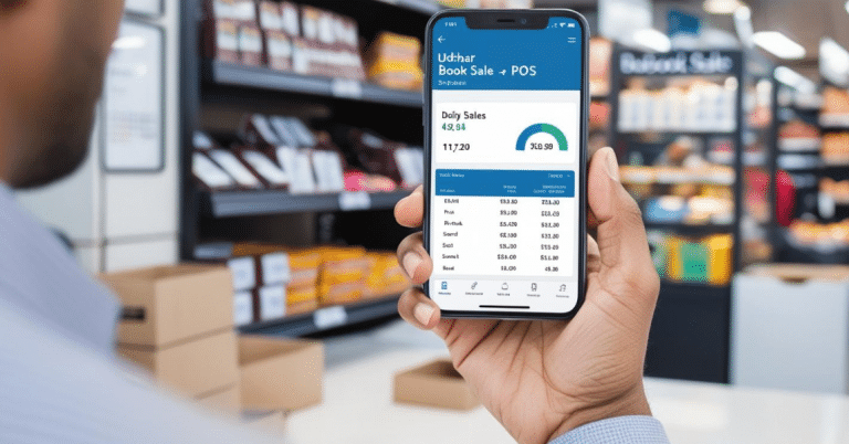 Retailer using Udhaar Book Sale POS on smartphone to track daily sales.