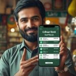 Business owner managing staff attendance and payroll using Udhaar Book app on smartphone.