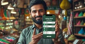 Business owner managing staff attendance and payroll using Udhaar Book app on smartphone.