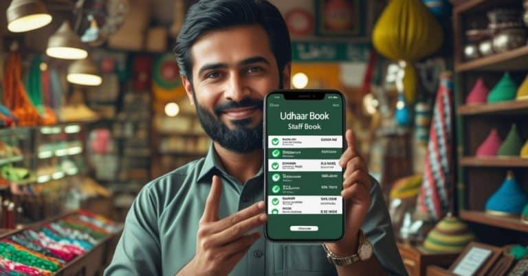 Business owner managing staff attendance and payroll using Udhaar Book app on smartphone.