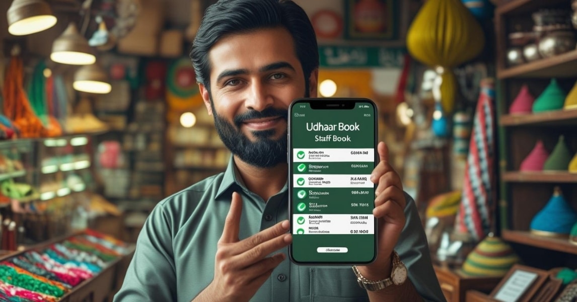 Business owner managing staff attendance and payroll using Udhaar Book app on smartphone.