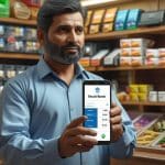Retailer using Udhaar Book Stock Book feature to manage inventory on a smartphone.