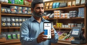 Retailer using Udhaar Book Stock Book feature to manage inventory on a smartphone.