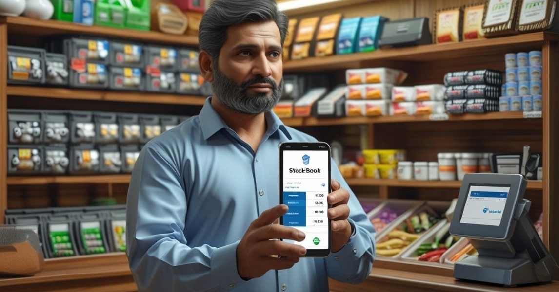 Retailer using Udhaar Book Stock Book feature to manage inventory on a smartphone.