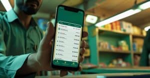 Retailer managing business finances using the Udhaar Book digital khata app on a smartphone.