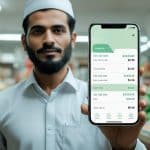 Retailer using Udhaar Book digital khata app to track business finances on a smartphone.