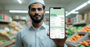 Retailer using Udhaar Book digital khata app to track business finances on a smartphone.