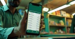 Retailer managing business finances using the Udhaar Book digital khata app on a smartphone.