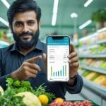 Grocery store owner using Udhaar Book to manage business finances and inventory.