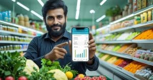 Grocery store owner using Udhaar Book to manage business finances and inventory.