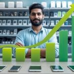 Mobile shop owner using Udhaar Book to manage sales and track profits.