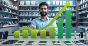 Mobile shop owner using Udhaar Book to manage sales and track profits.
