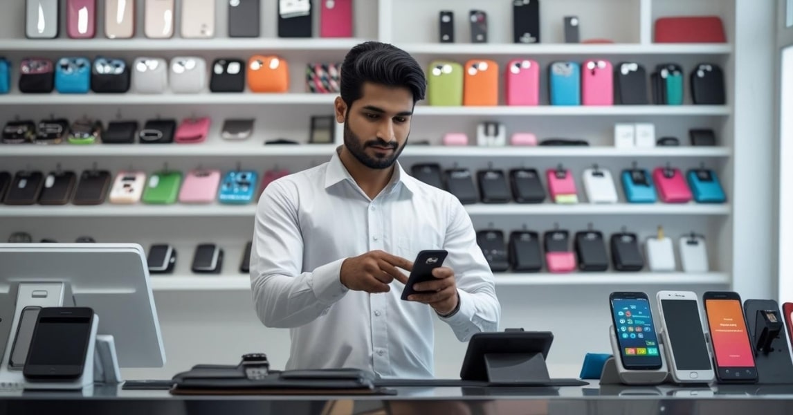 Pakistani business owner using Udhaar Book app for managing digital khata.