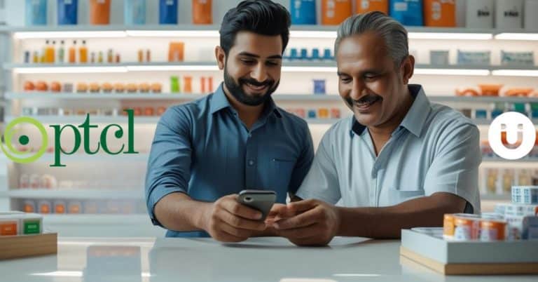 Pakistani male retailer using Udhaar Book app on smartphone to assist male customer with PTCL bill payment