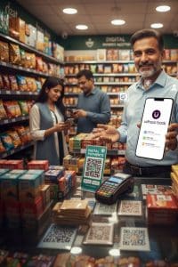 Shopkeeper using Udhaar App and JazzCash for cashless digital payments in Pakistan