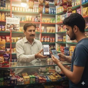 Customer paying through a mobile wallet QR code in a Pakistani shop.