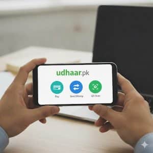 Mobile wallet app on phone used for digital payments in Pakistan.