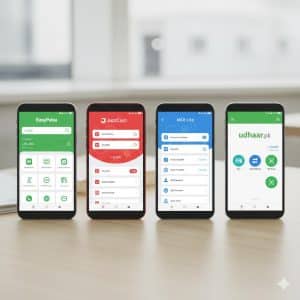 Popular mobile wallet apps in Pakistan including EasyPaisa, JazzCash, and Udhaar.pk.