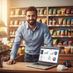 Retailer managing store accounts using the best khata book for laptop.