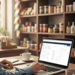 Shopkeeper using Udhaar Book for PC on laptop to manage business khata