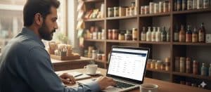 Shopkeeper using Udhaar Book for PC on laptop to manage business khata