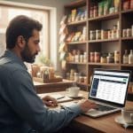 Shopkeeper using Udhaar Book for PC on laptop to manage business khata