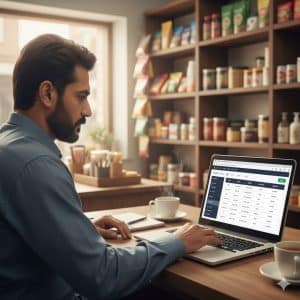 Shopkeeper using Udhaar Book for PC on laptop to manage business khata