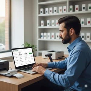 Shopkeeper using Udhaar Web on a laptop to manage daily business accounts — the best easy khata for PC