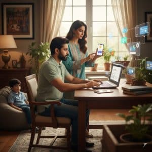 Pakistani family managing LESCO electricity bills online