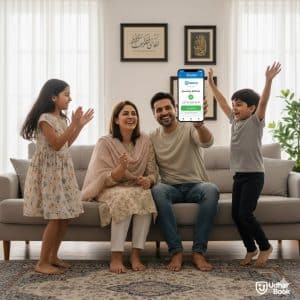 Pakistani family paying MEPCO bill online with Udhaar Book and earning cashback rewards