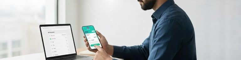 Person paying LESCO electricity bill online via Udhaar Book app on laptop