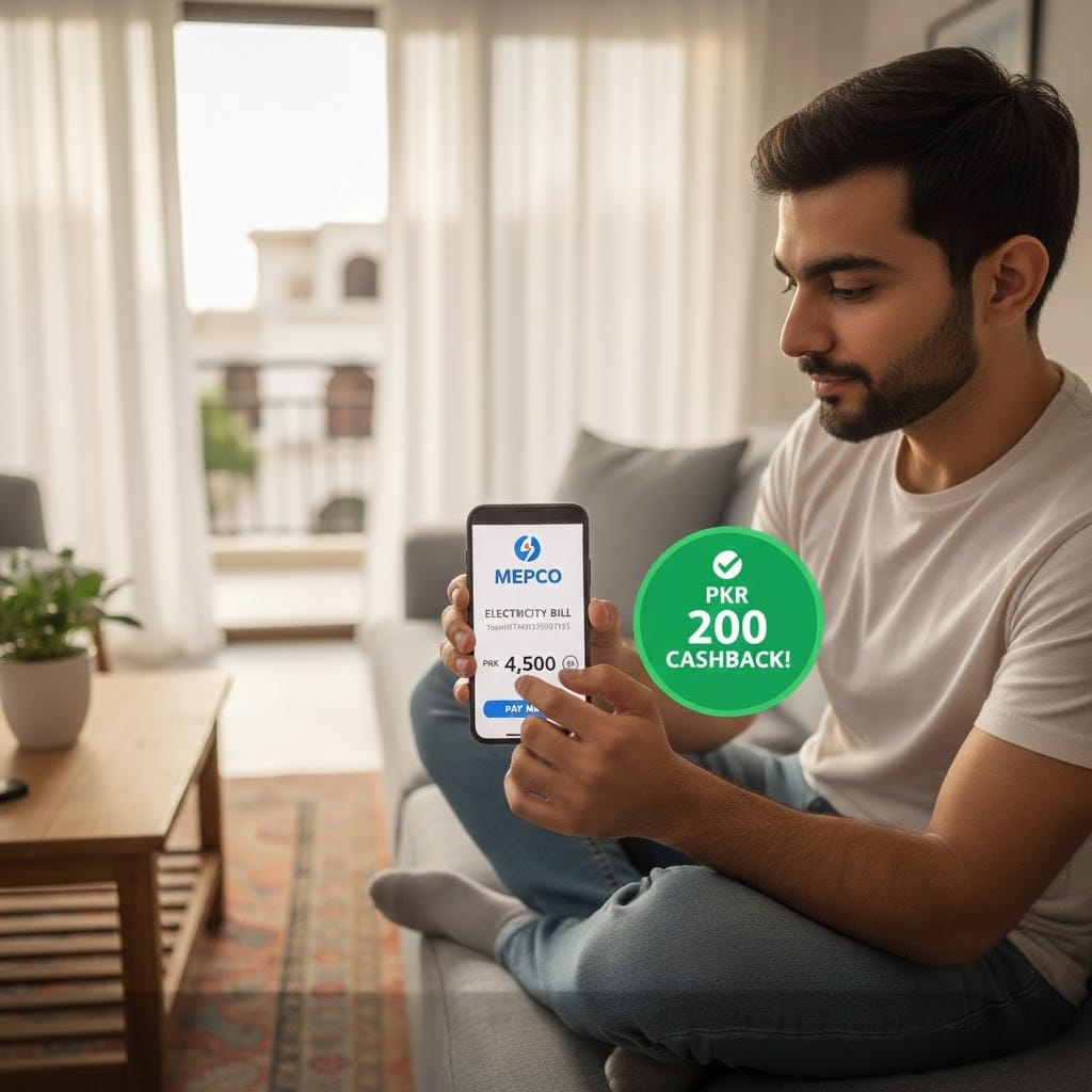 Person paying MEPCO bill online using Udhaar Book app and earning cashback in Pakistan