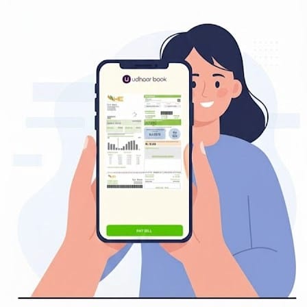 Person checking KE electricity bill online on smartphone using Udhaar Book app