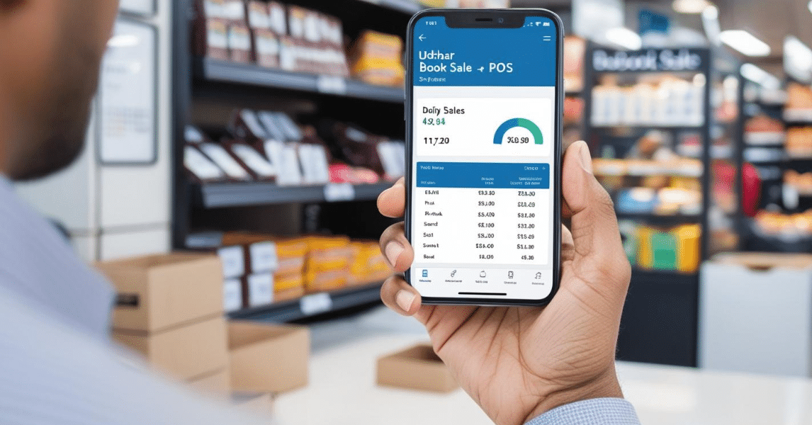 Retailer using Udhaar Book Sale POS on smartphone to track daily sales.