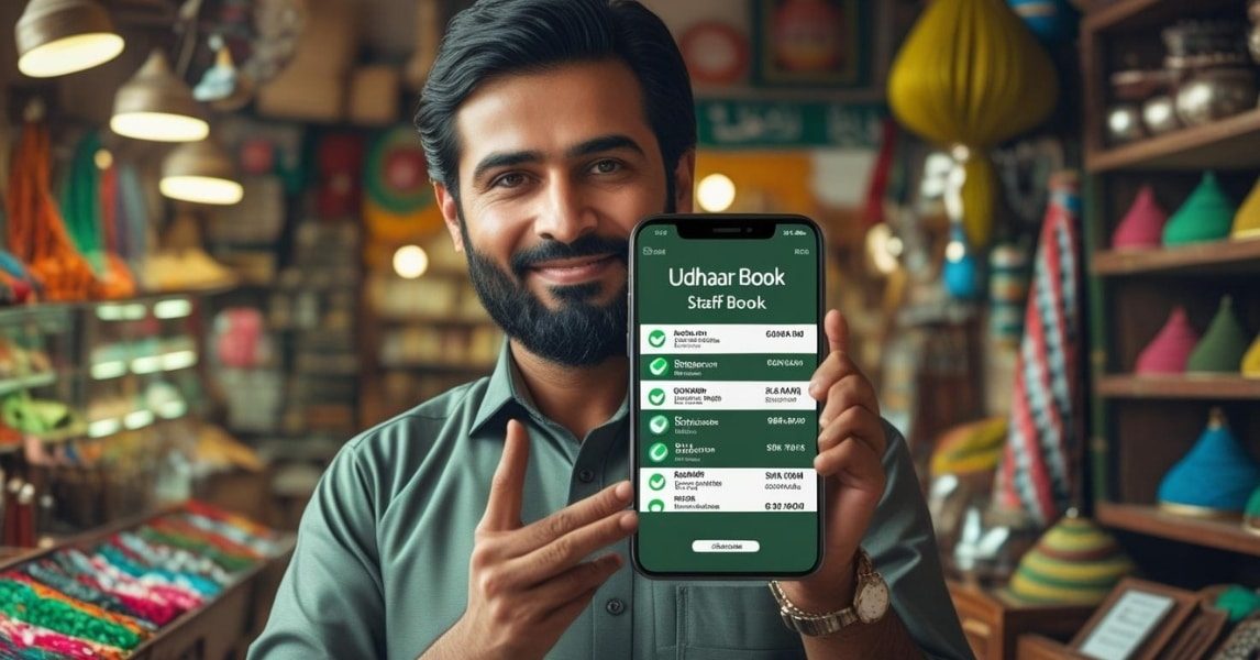 Business owner managing staff attendance and payroll using Udhaar Book app on smartphone.
