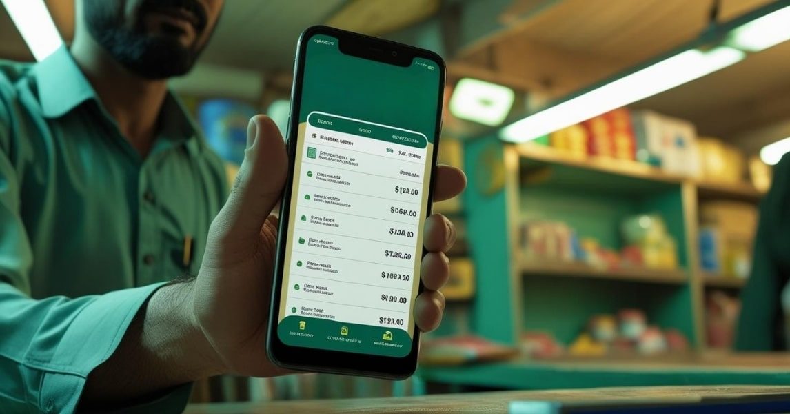 Retailer managing business finances using the Udhaar Book digital khata app on a smartphone.