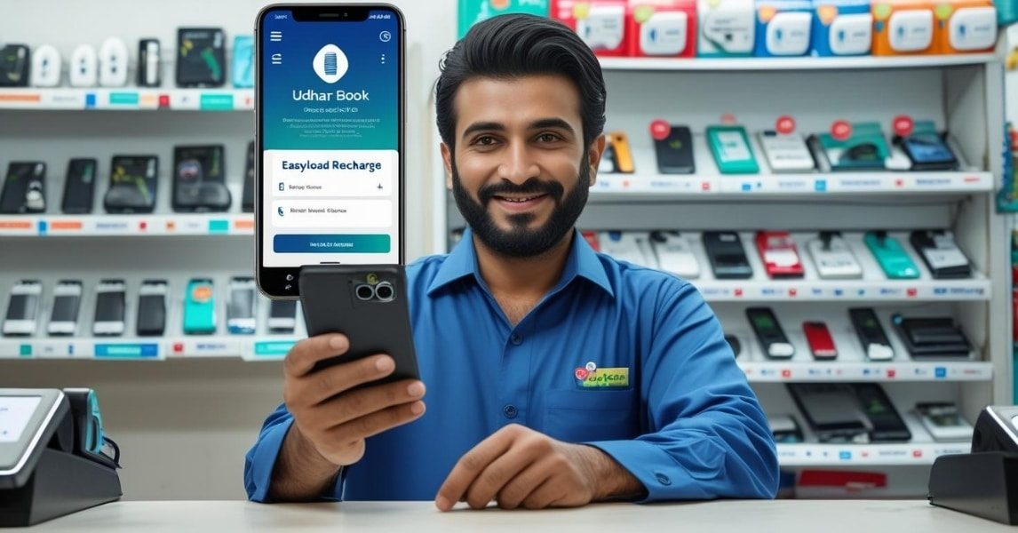 Pakistani mobile shop owner earning commissions from Easyload transactions using Udhaar Book.